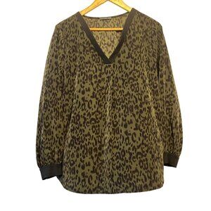 West Kei Womens XXL Leopard Print V-Neck Blouse  Green & Brown Pullover Cheeta